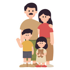 Flat cartoon vector illustration of a happy family with father, mother, son and daughter. Parenting and love concept in minimal flat design style, perfect for lifestyle and people themes.