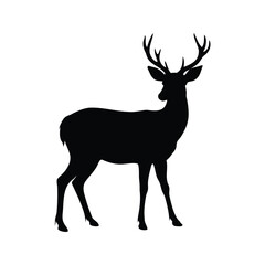 Elegant silhouette of a mature stag with prominent antlers against white backdrop, deer standing alert silhouette vector illustration