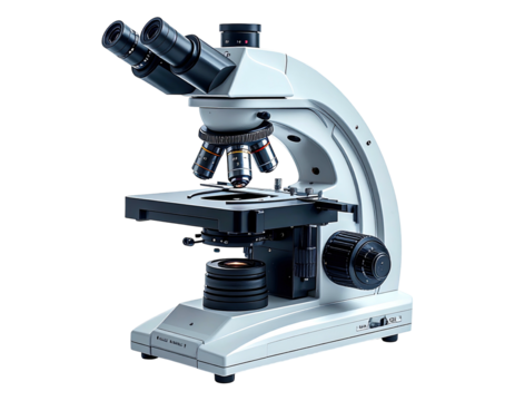 A white and black microscope angled to show eyepieces, objectives, and control knobs against a backdrop