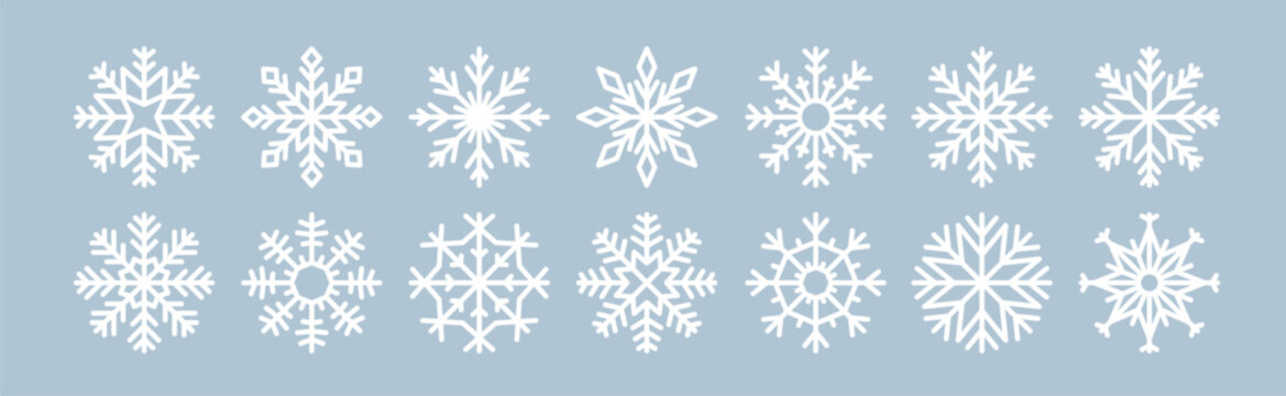 Snowflake crystals. Winter snow flakes. Christmas holiday decorations, ornaments with snowy patterns, different shapes. Festive cold stars, seasonal decor. Isolated flat vector illustrations set.