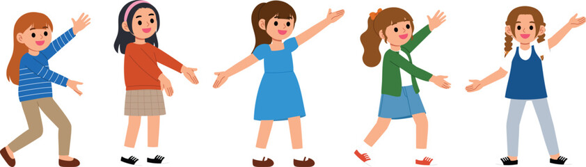 set of smile girl presenting gesture, young people arms outstretched and welcoming, cute child character open arms illustration