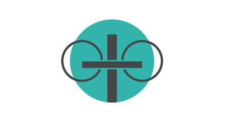 A teal circle with a cross and connected circles. Black lines over teal and white background