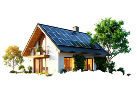 Digitally rendered eco-friendly house with solar panels on roof, surrounded by greenery
