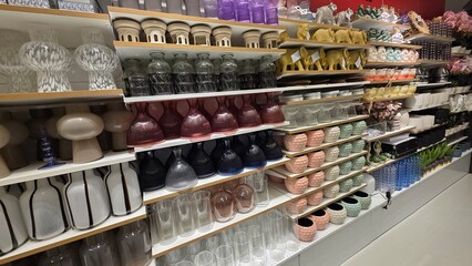 Brightly lit aisle of a store filled with various craft supplies and decorating items