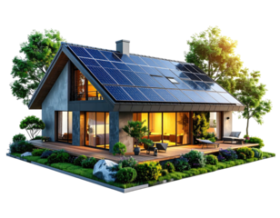 Modern house with solar panels on rooftop, surrounded by greenery. Interior lights glow