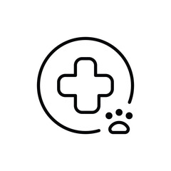 Obraz premium Black line art of a medical cross within a circle with a paw print in the lower right corner suggesting veterinary care