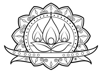 Diwali Celebration Intricate Rangoli Design with a Lit Diya in Black and White silhouette detailed line