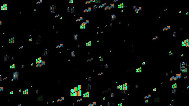 Dynamic Data and Progress Icons Floating on Black growth. Some random premium business elements with particles 4k animation