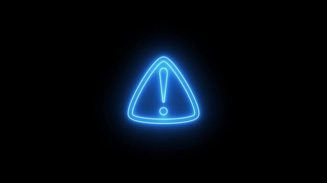Glowing blue neon exclamation mark in a triangle on a black background