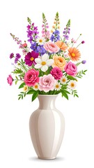 A vibrant floral arrangement bursts from a neutral-toned vase. The bouquet features diverse blossoms in shades of pink, purple, orange, and white