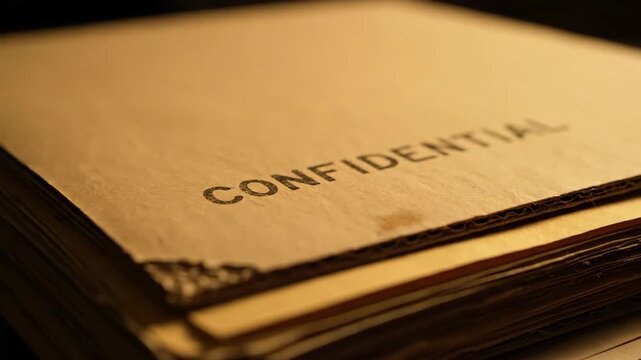 Stack of confidential file folders with private document detail, secret investigative materials concept video footage
