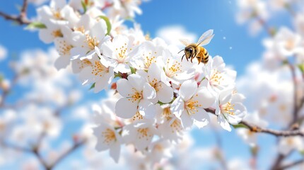 Fototapeta premium Honey bee pollinating white cherry blossoms in spring garden nature photography stock image background wallpaper