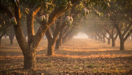 Sunlit row of mango trees in an orchard with hanging fruit. Agricultural landscape during a hazy golden hour. Tropical farming and food production concept