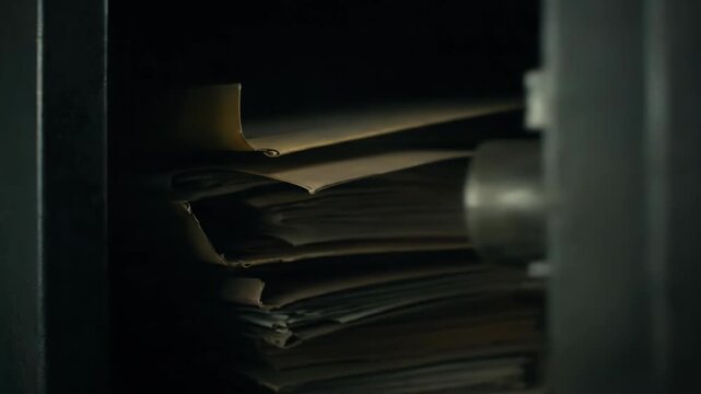 Man's gloved hand turning a knob on a safe to reveal stacks of confidential documents, investigation concept footage