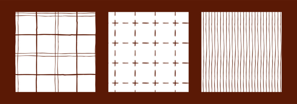 Set of seamless hand drawn brown line patterns. Grid, cross stitch, and stripe vector designs. Simple checked print for textile, wallpaper, and wrapping.