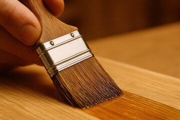 Varnish being applied with wooden handled brush on smooth oak plank, showcasing detailed woodworking craftsmanship under warm workshop lighting for polished finish