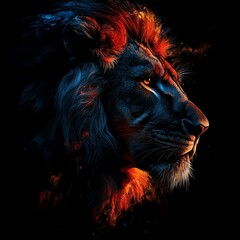 A close up of a lion on a black background, an airbrush painting, fantasy art, red blue and gold color scheme by Generative AI   high resolution   for isolate image
