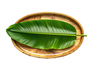 Lush green leaf resting on a polished wooden tray, set against a deep black background