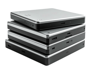 Stacked metallic square electronic devices, side view showing ports and design details