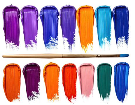 Colorful brushstrokes of paint in a palette, arranged across two rows, with a paintbrush - Powered by Adobe
