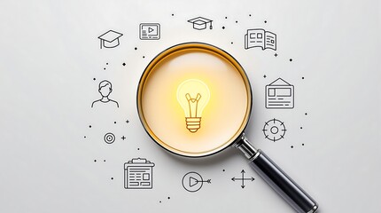 Idea generation concept with light bulb and magnifying glass for creative thinking and innovation search