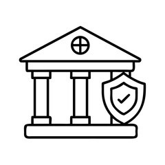Line art illustration of a bank building with a check shield symbol
