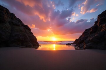 Sunrise Beach Volcanic Rock Formations at Dawn A dramatic sunrise casting light on dark volcanic rock formations on a sandy beach. No people. Dramatic