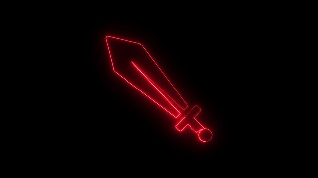 Neon Glowing Sword Animation Video. neon glowing abstract sword and knife icon motion on black background. neon weapon icon on dark background, fantasy sword animation, 4k rendering video.