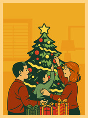 Family doing Christmas tree decorating activity retro illustration poster design
