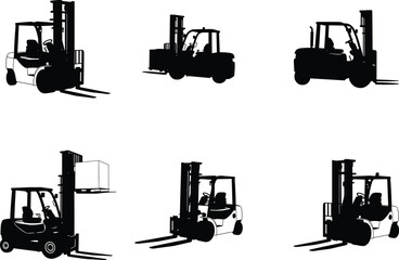 Forklift truck silhouette set, industrial vehicle icons, warehouse equipment illustration, cargo lifting machines, logistics transport design, vector art