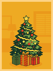 Cristmas tree and gift box vintage retro illustration poster design