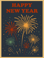Firework New Year night retro poster flat illustration  vertical design