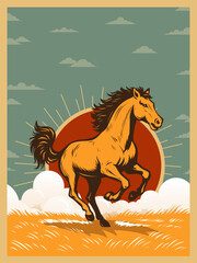 Horse Red Sun sky vertical Poster sky Background retro flat illustration design