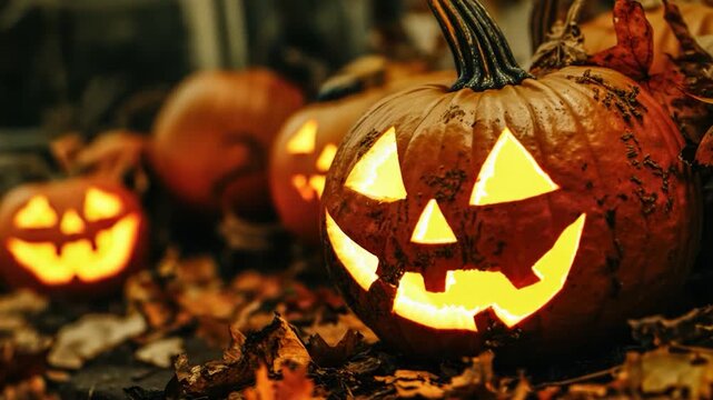 A group of pumpkins sit atop a pile of fallen leaves, perfect for autumnal or harvest-themed illustrations