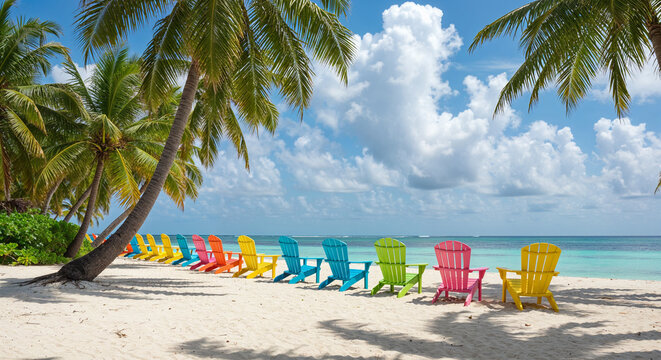Row of Colorful Adirondack Chairs on a Tropical Beach with Palm Trees photo style