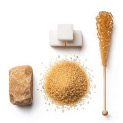 Various forms of sugar displayed on a white background