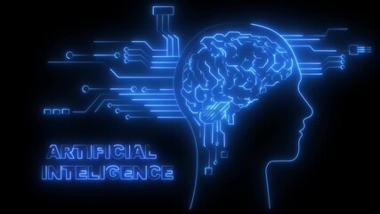 A human artificial intelligence contains bright brain neon circuits with connecting lines, representing the concept of artificial intelligence and data processing. 4k video motion graphic animation  - Powered by Adobe