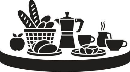 Black and white illustration of a breakfast spread with coffee and pastries