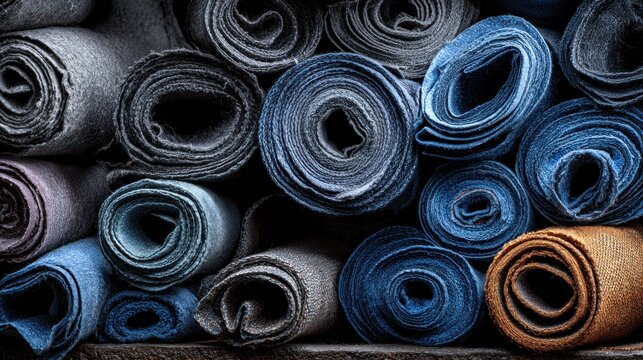 Textured Fabric Rolls Stacked: Indigo, Grey, and Brown Denim Textiles Displaying Rich Weave and Craftsmanship