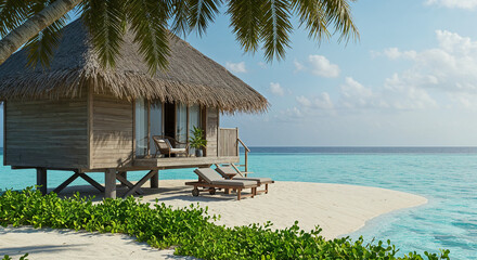 Tropical Overwater Bungalow on Sandy Beach with Palm Trees image photo