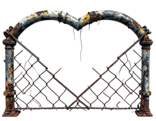 Rust-covered metal fence, heart-shaped top, with damaged lattice, isolated against a black backdrop