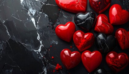 A visually stunning composition of polished hearts on a contrasting marble surface. The color palette includes vivid reds and contrasting blacks