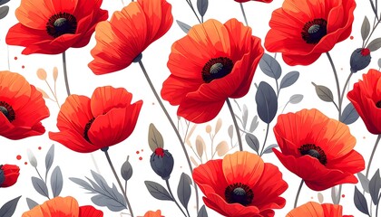 A vibrant floral pattern featuring numerous bright red poppies with dark centers against a pristine white background