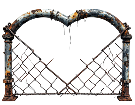Rust-covered metal fence, heart-shaped top, with damaged lattice, isolated against a black backdrop