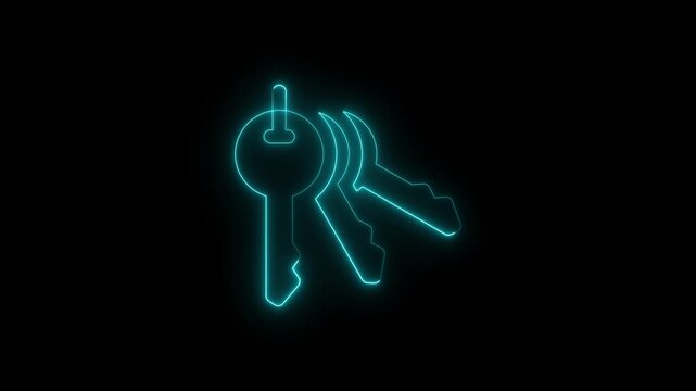 Neon Animated Keys Icon Glowing Keyring & Security Symbol Loop. A bright neon keys icon representing access, security, ownership, perfect. 4k motion video. Futuristic technology key glowing animation.
