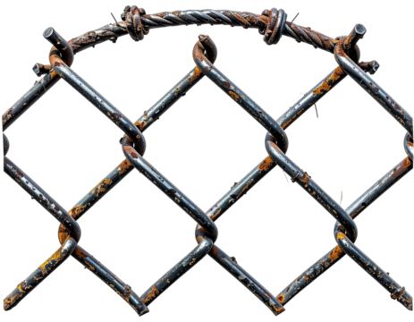 Close-up of rusty, diamond-patterned wire mesh, topped with barbed wire, isolated on black