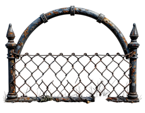 An old, rusted iron fence design with arched top and chain-link netting, against a black backdrop