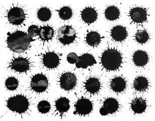 An abstract pattern features numerous textured, dark circular shapes with spiky outlines on black backdrop