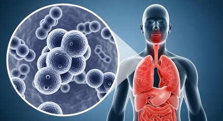 An anatomical rendering of a human body highlighting the respiratory system (lungs, trachea, and throat in red), with a magnified inset showing spherical microorganisms, illustrating pneumonia.