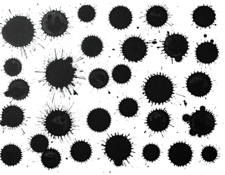 Abstract composition with dark, speckled circles of varying sizes on a black background